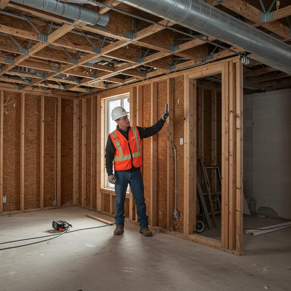 Construction inspector checking egress windows and framing in a basement renovation