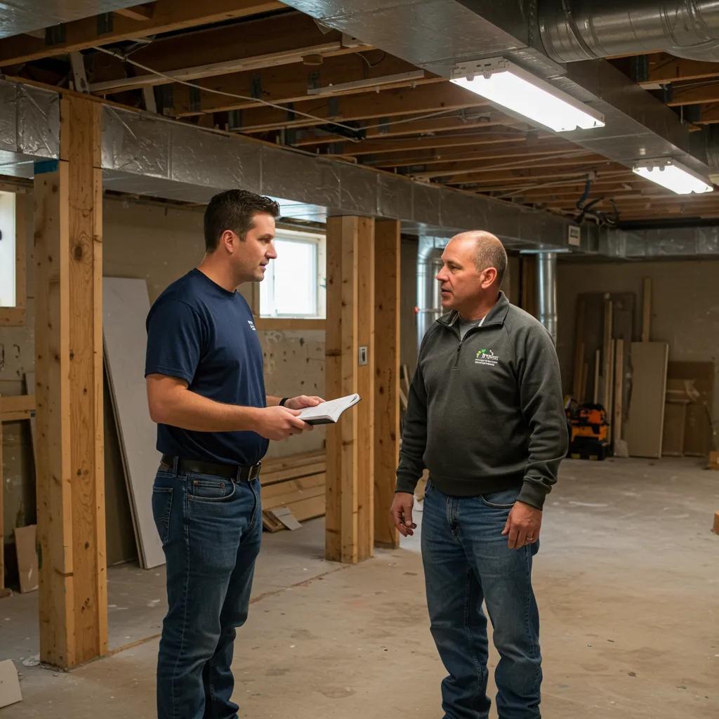 A contractor discusses basement finishing options with a homeowner in a partially completed basement space