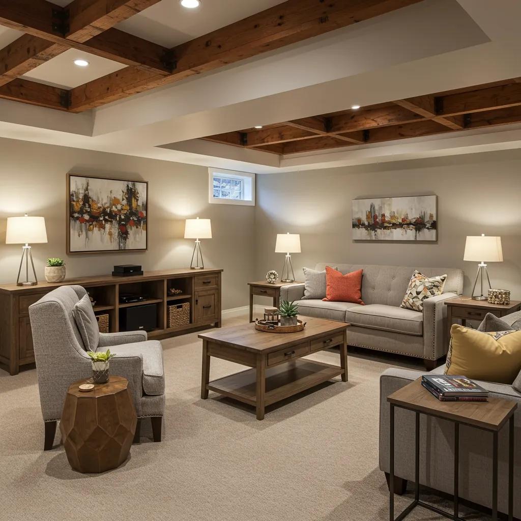 Cozy and modern finished basement in a Utah County home showcasing multifunctional living space