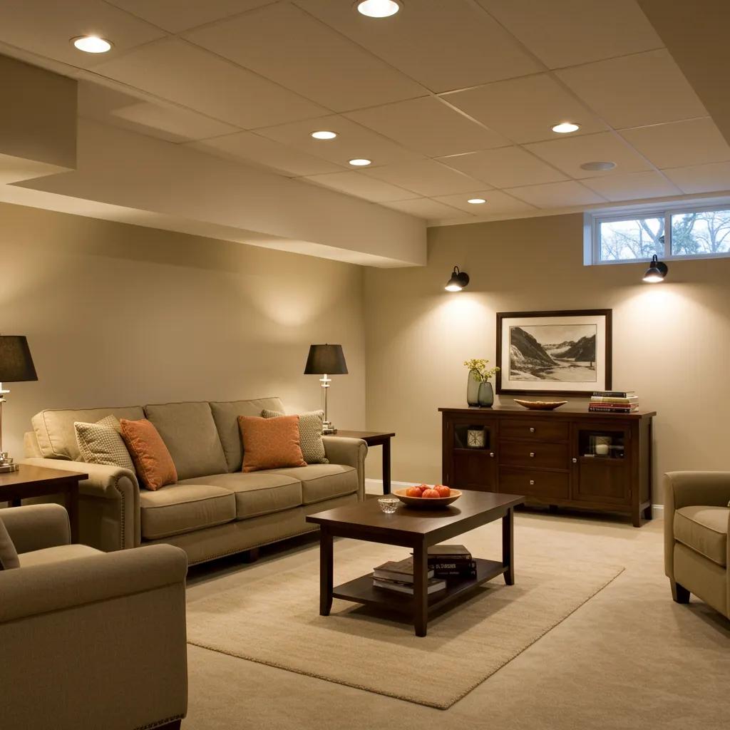 Cozy basement with recessed LED lighting and warm ambient illumination