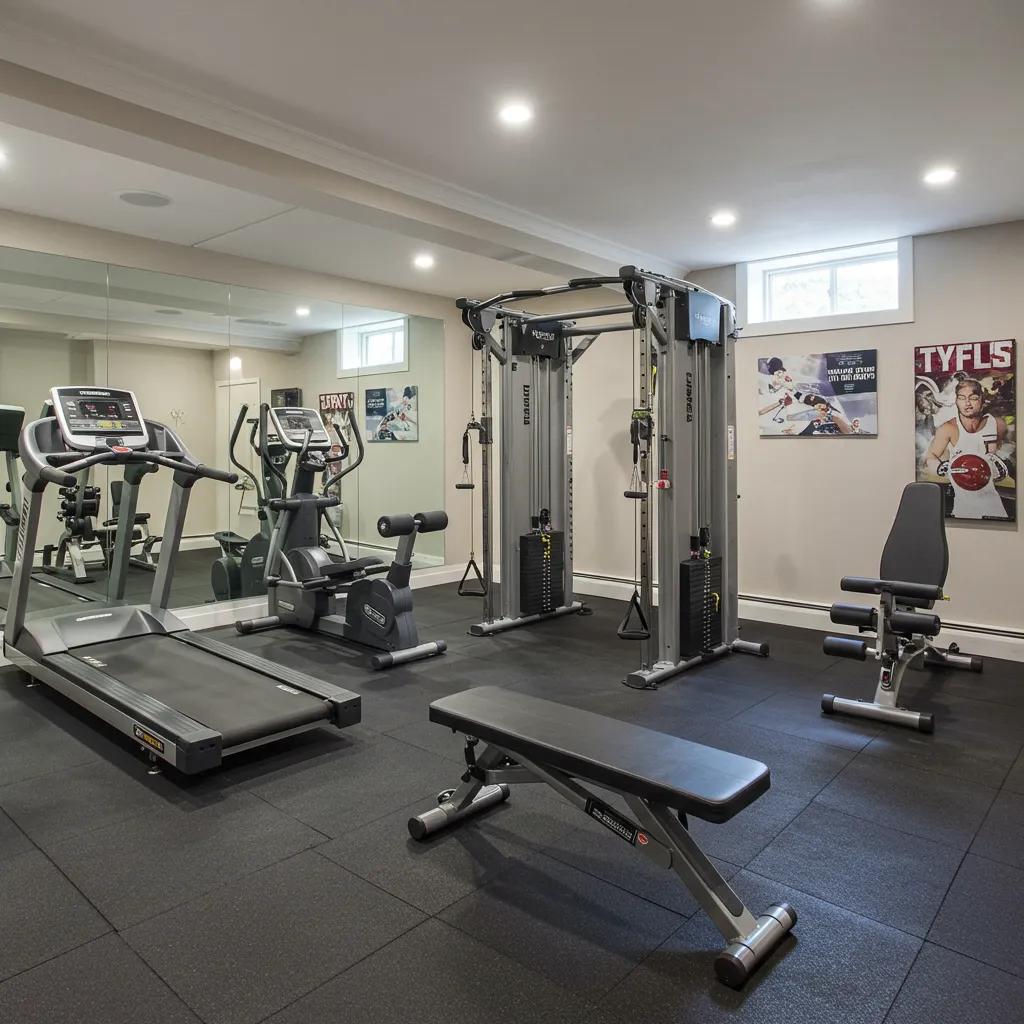 Functional basement home gym with rubber flooring and fitness equipment for family workouts