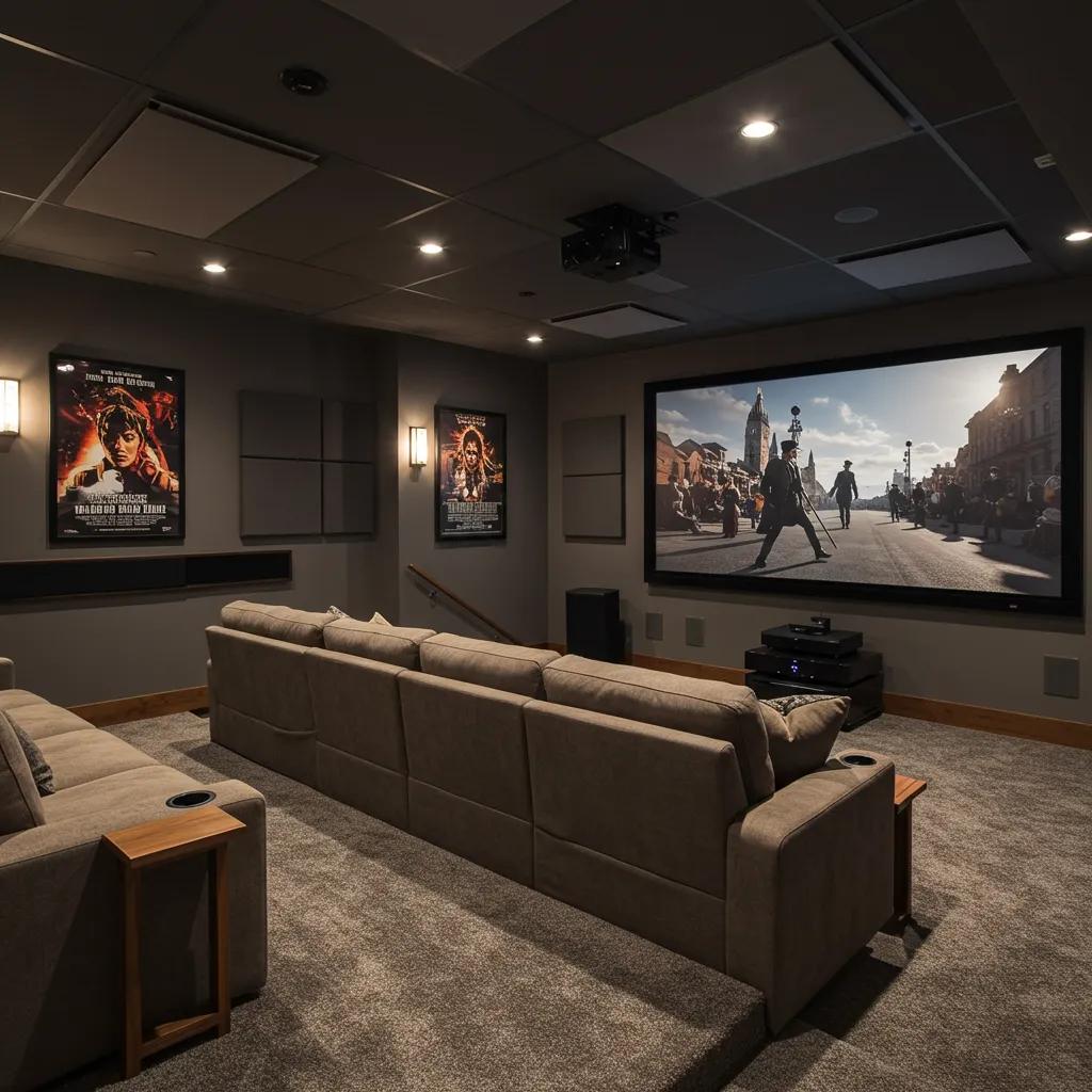 Immersive basement home theater with tiered seating and retractable screen for a cinematic experience
