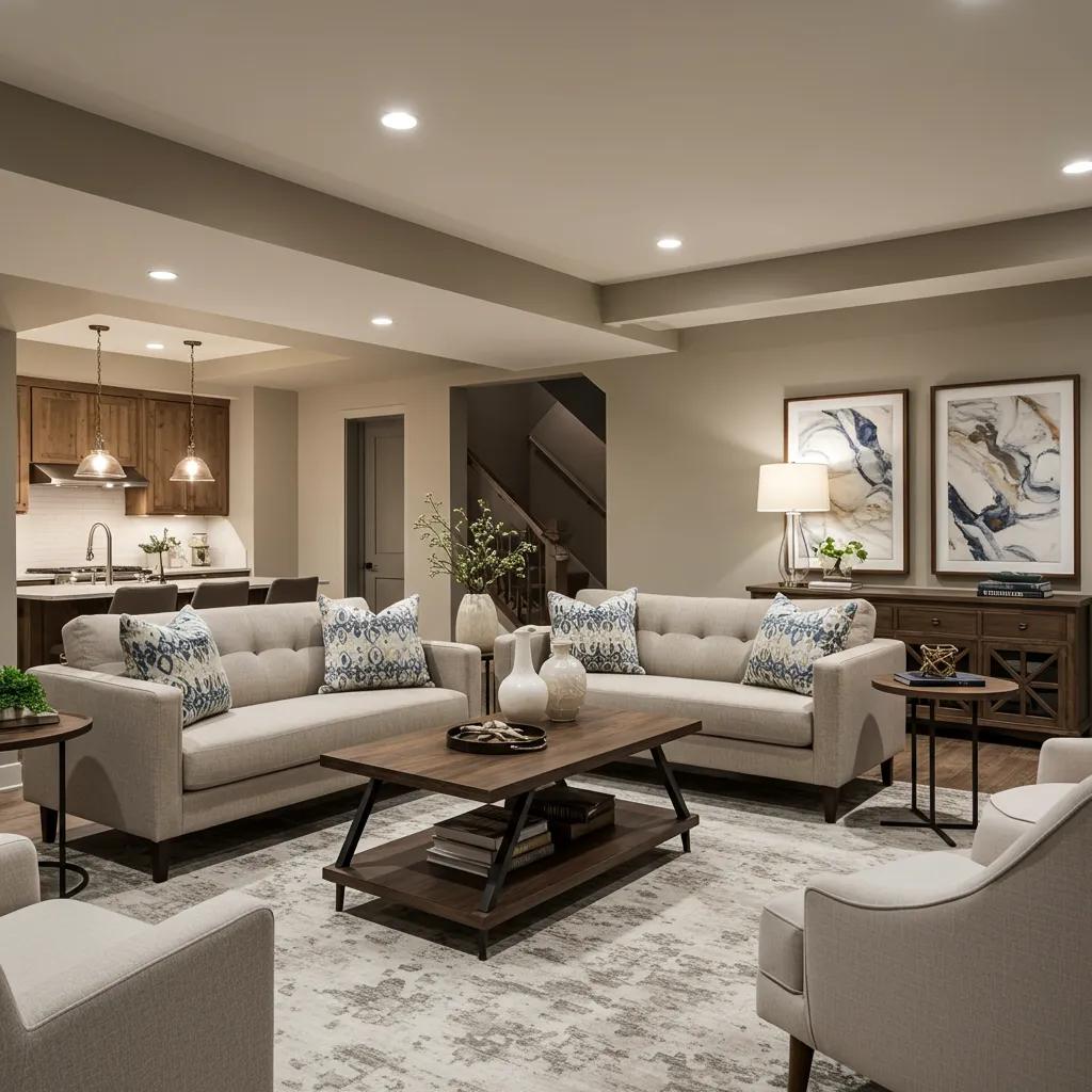 Stylishly finished basement in a Utah home, emphasizing comfort and modern design