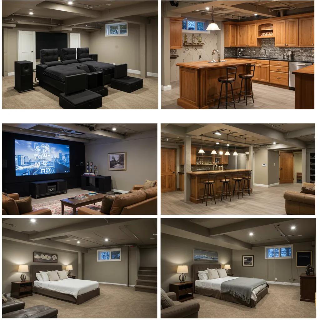 Collage of popular basement features: home theater, wet bar, bedroom with egress window
